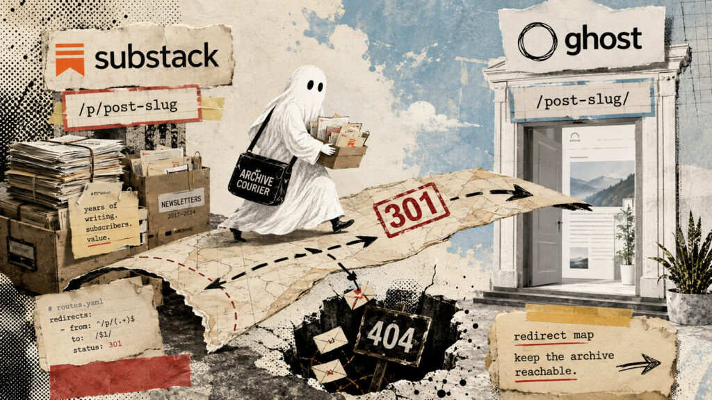 Substack to Ghost migration illustrated as a ghost carrying an archive box across a 301 redirect bridge over a 404 pit.